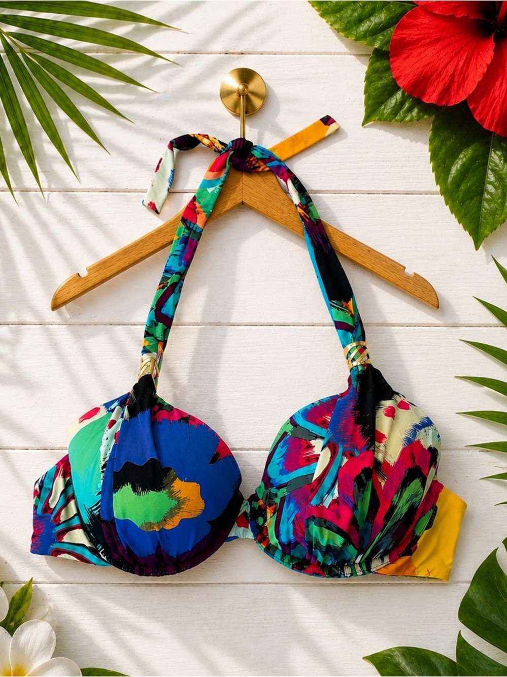 🌴 A.Che Multicolor Underwire Bikini Swim Top Gold Strap Detail Size Large